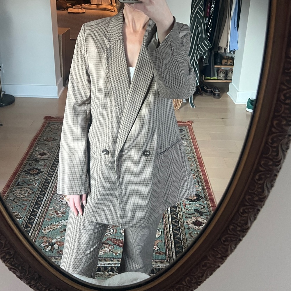 brown micro houndstooth suit with flare pant